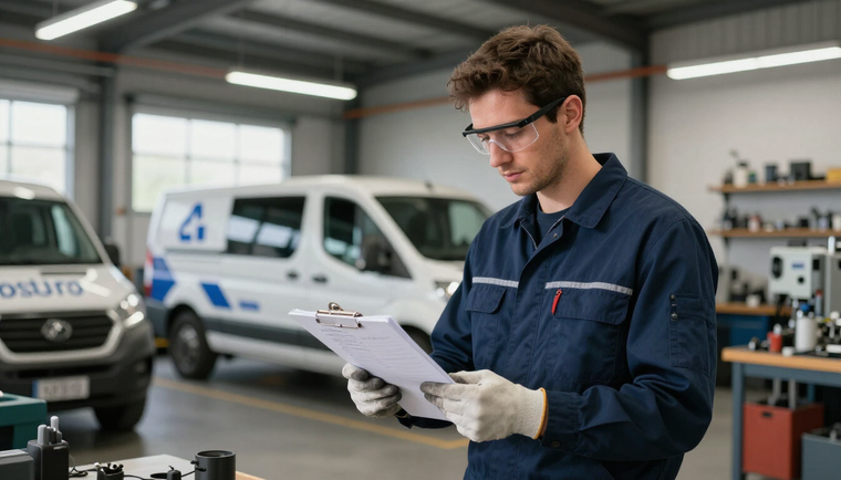 Pro Mechanical technician reviewing service clipboard in workshop