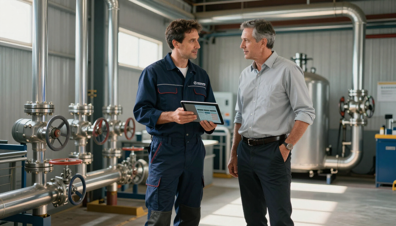 Pro Mechanical technician consulting with commercial property client