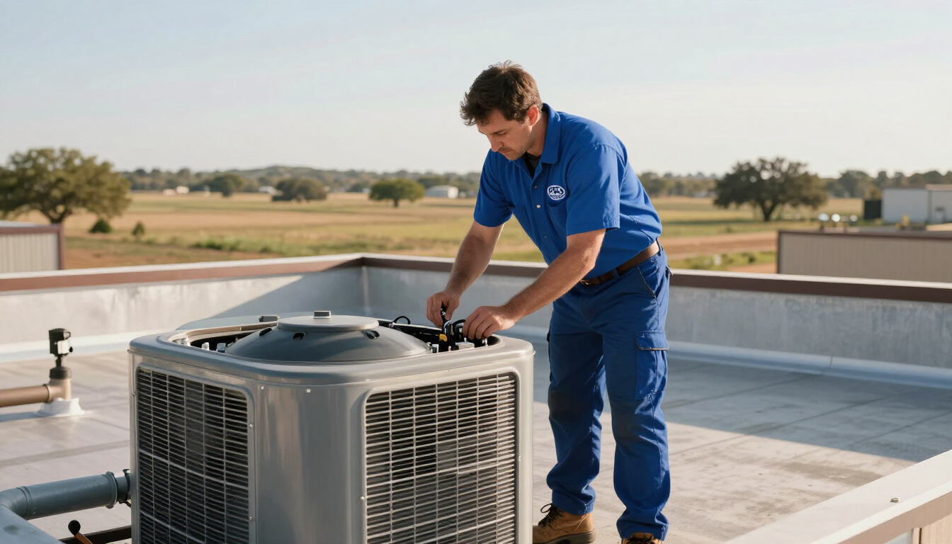 Pro Mechanical technician servicing commercial HVAC in Central Texas