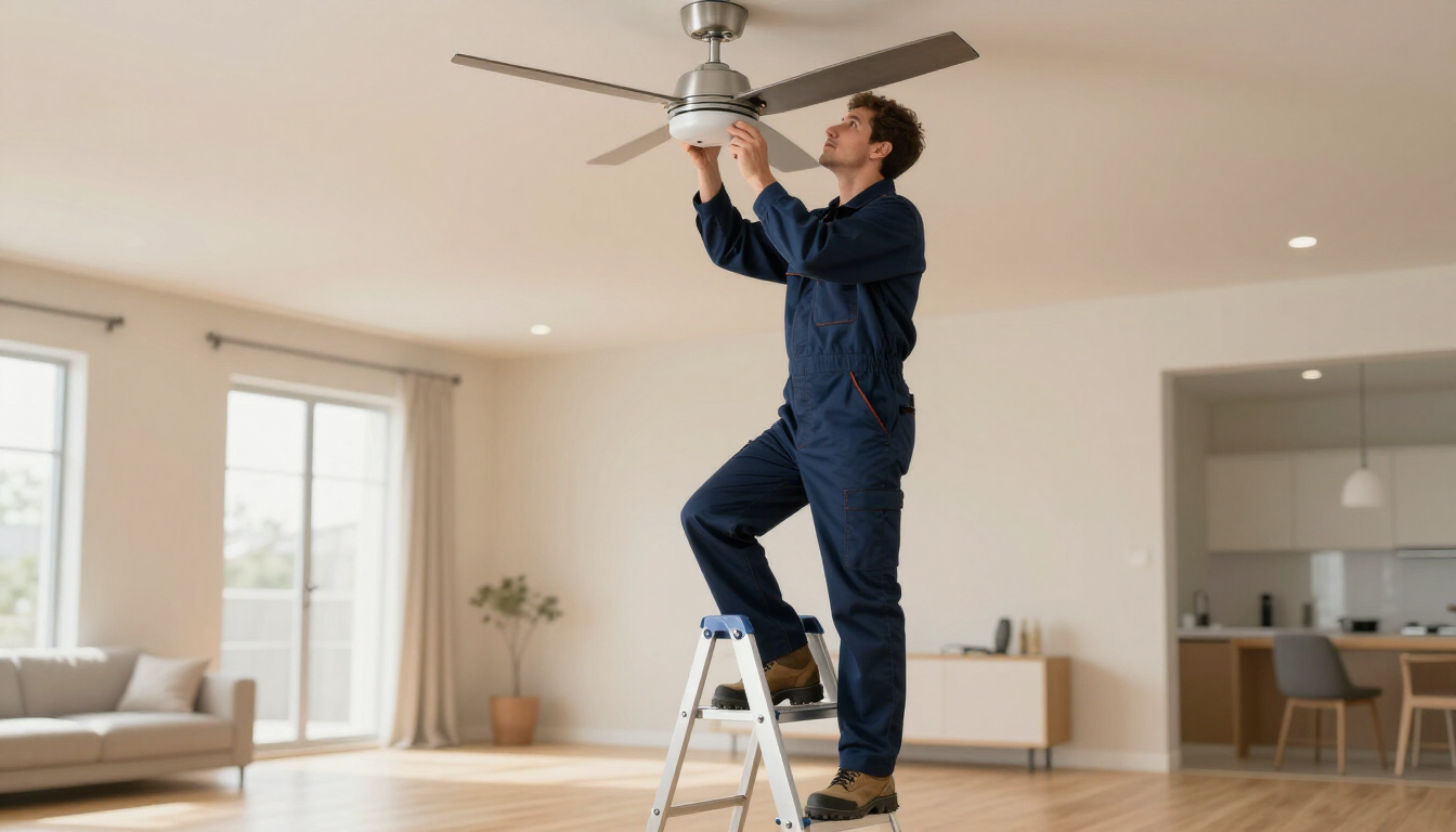 Electrician installing ceiling fan in living room