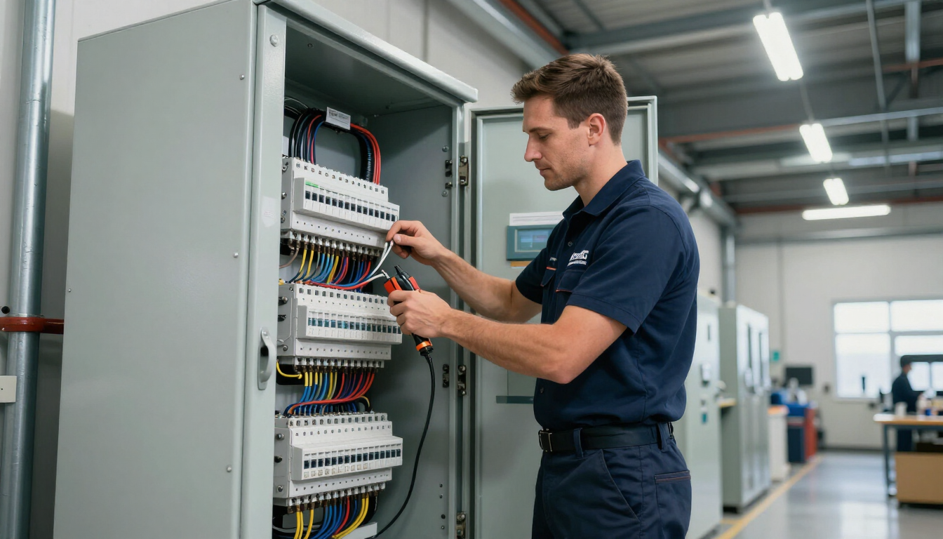 Licensed electrician working on commercial electrical panel