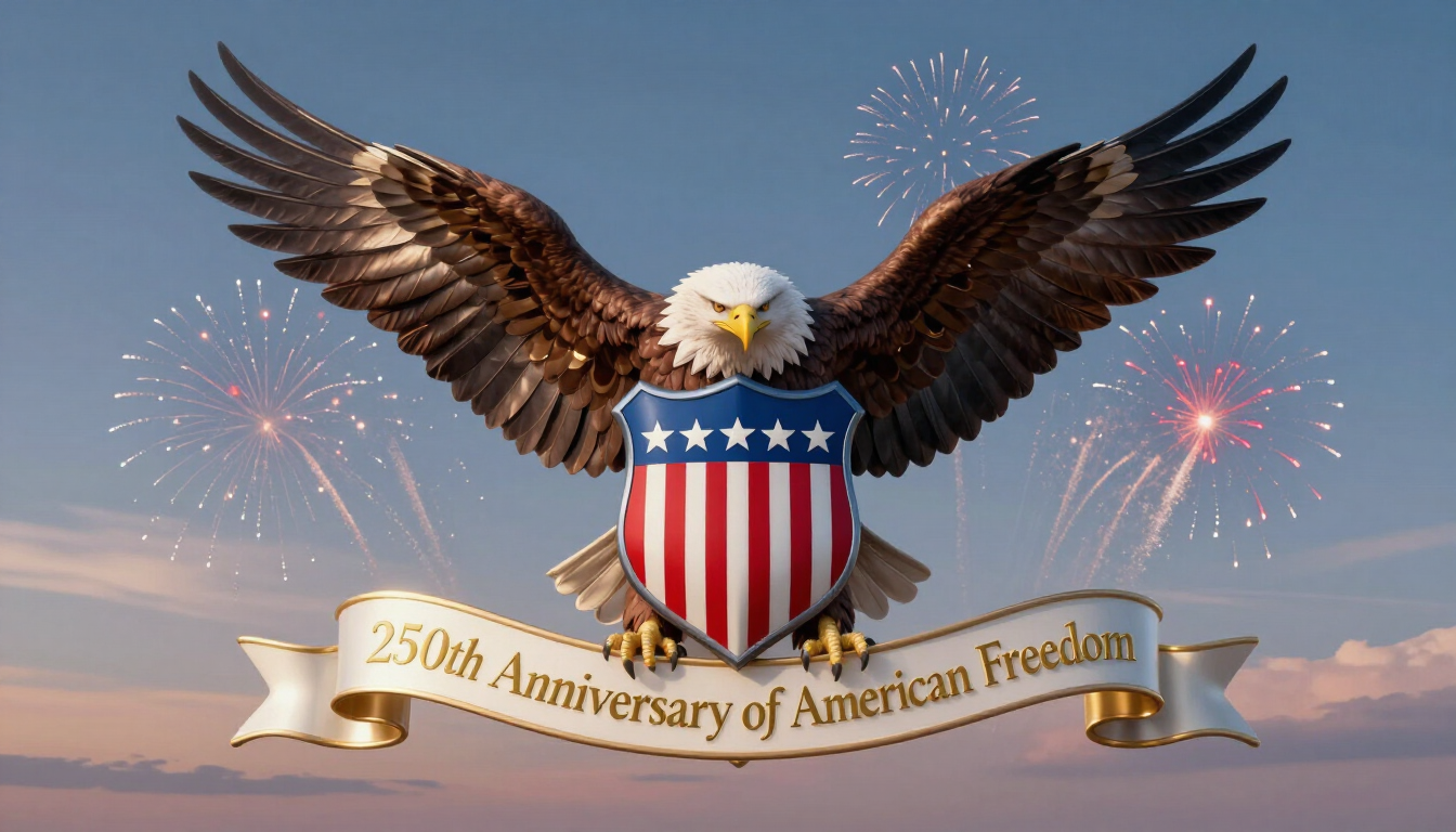 250th Anniversary American Freedom text with U.S. flag and gold laurel wreath on blue background