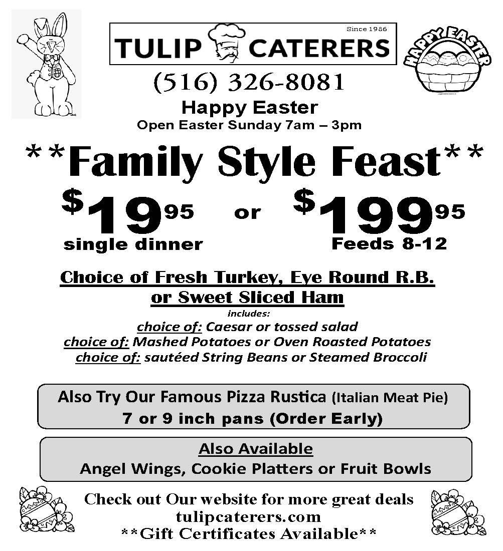 Tulip Caterers Easter advertisement offering a family-style feast for individuals or groups. Includes contact info.