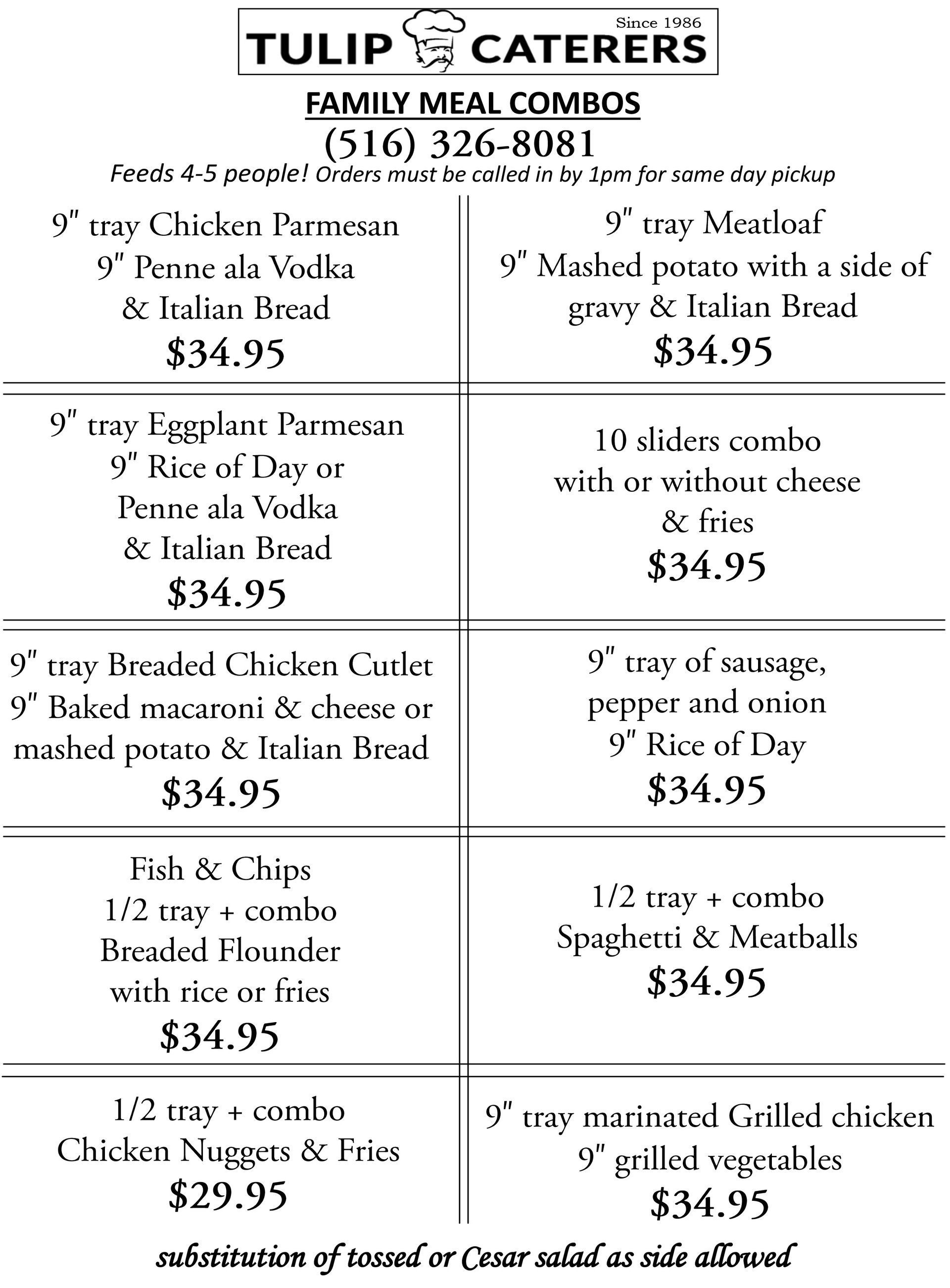A menu for tulip caterers family meal combos