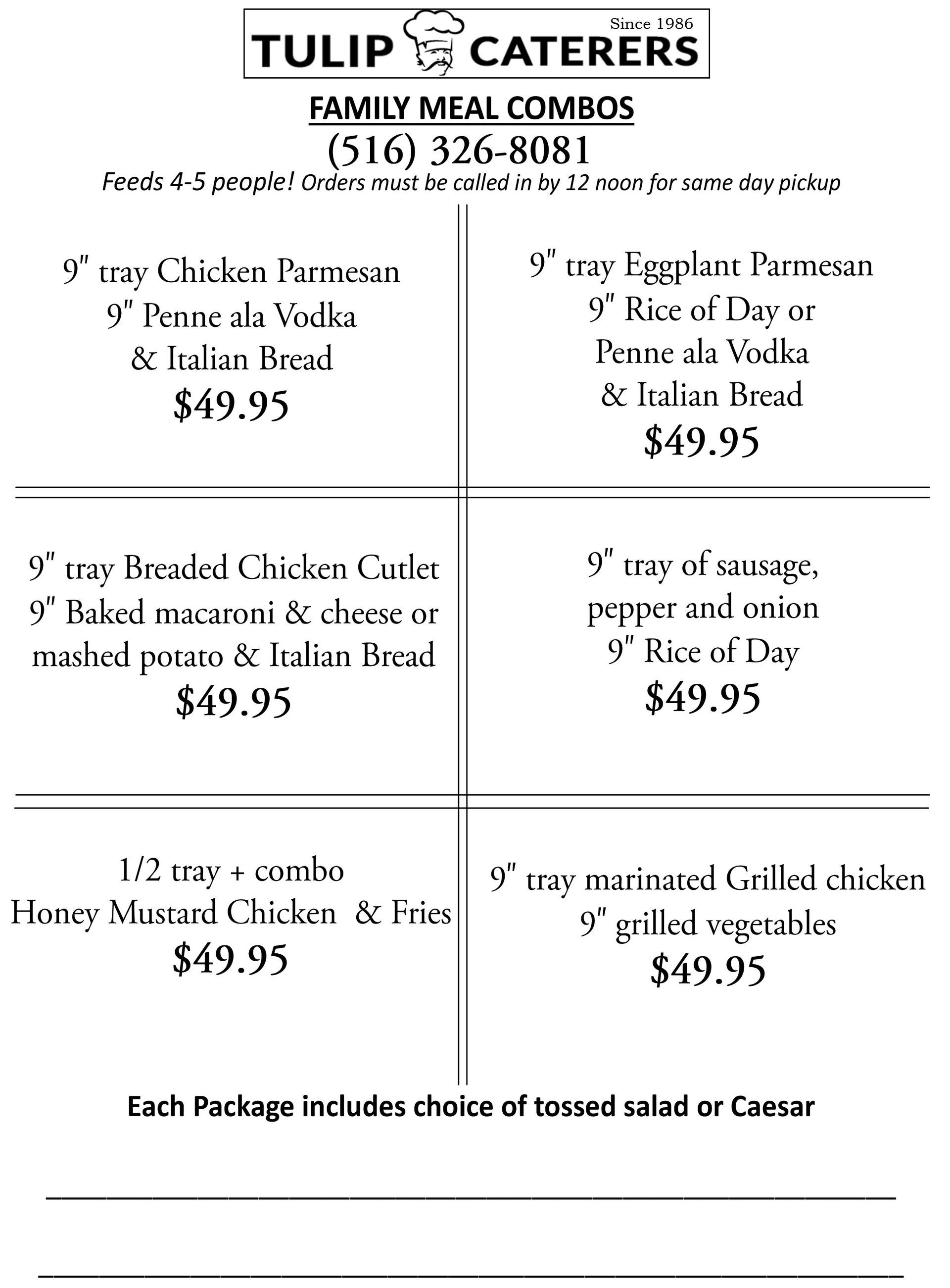 A menu for tulip caterers family meal combos