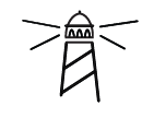 Black line drawing of a lighthouse with light beams shining outward
