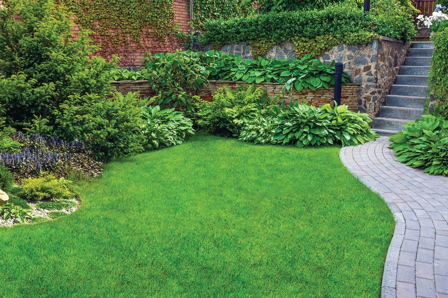 A brick walkway leading to a freshly landscaped ush green lawn