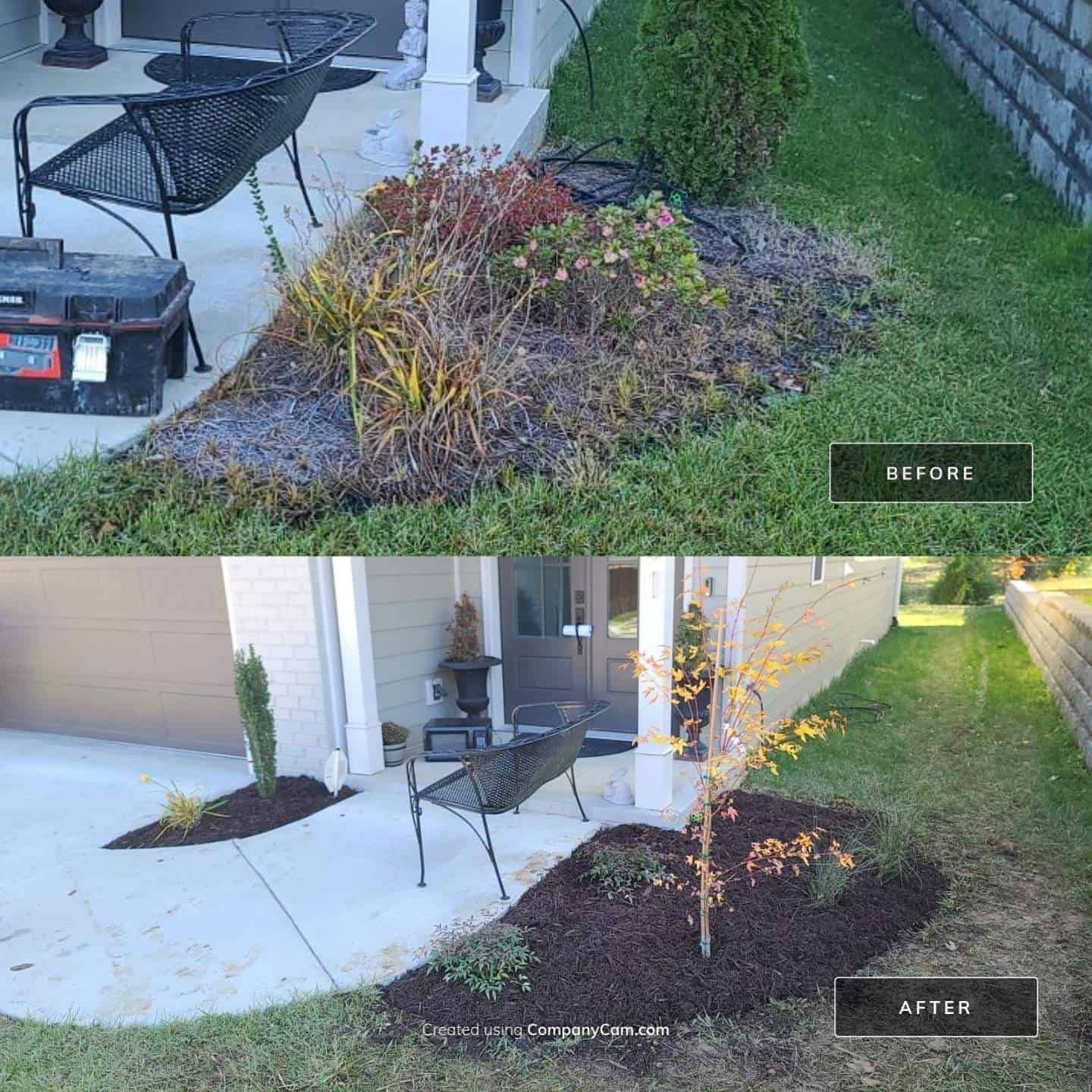 A before and after picture of a mulching project for a flower bed