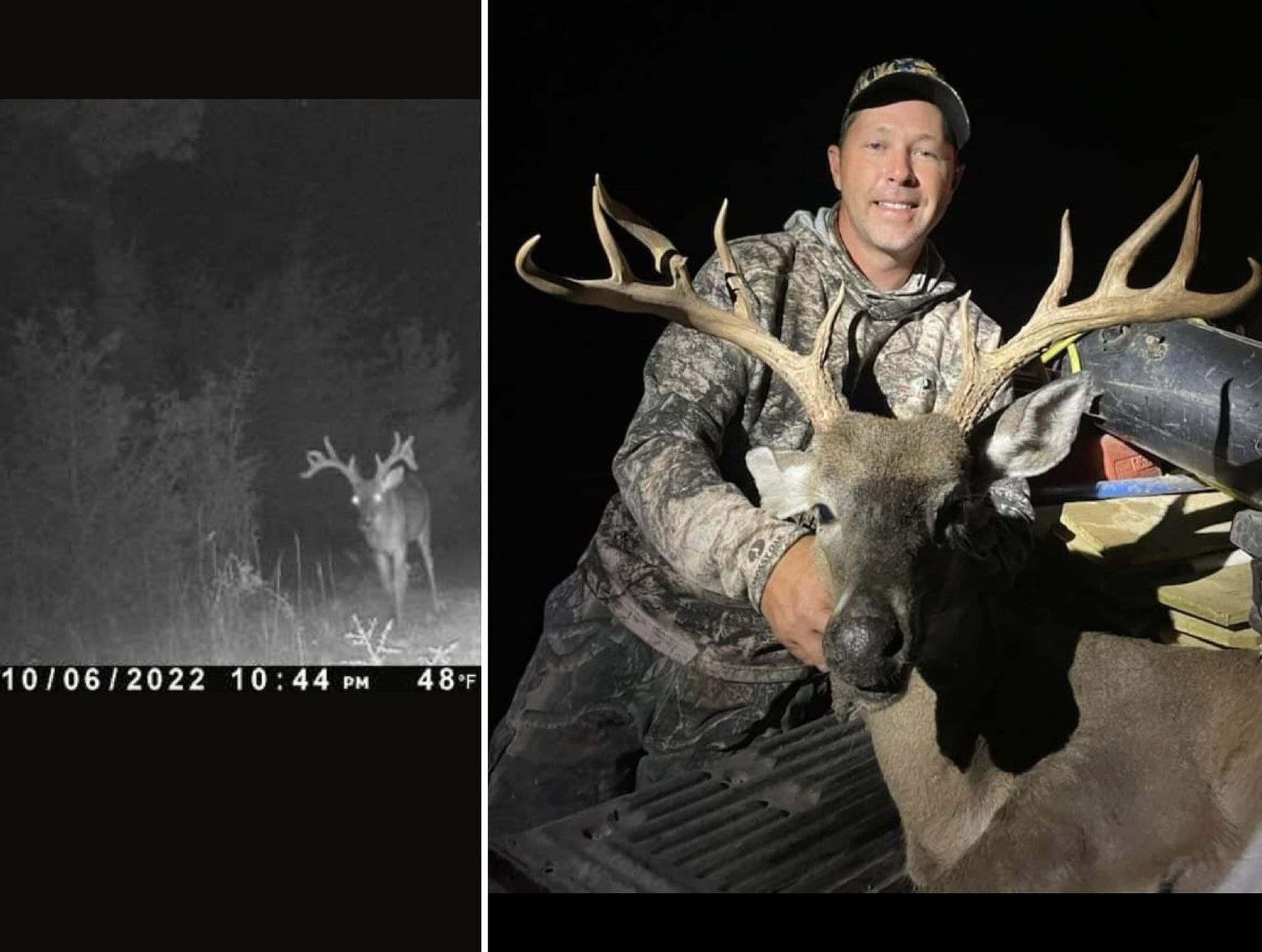 Trail camera night shot of a deer, beside a hunter posing with a large buck