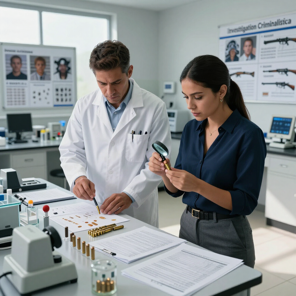 Científicos examinando muestras en un laboratorio forense, con equipos de laboratorio y gráficos al fondo.