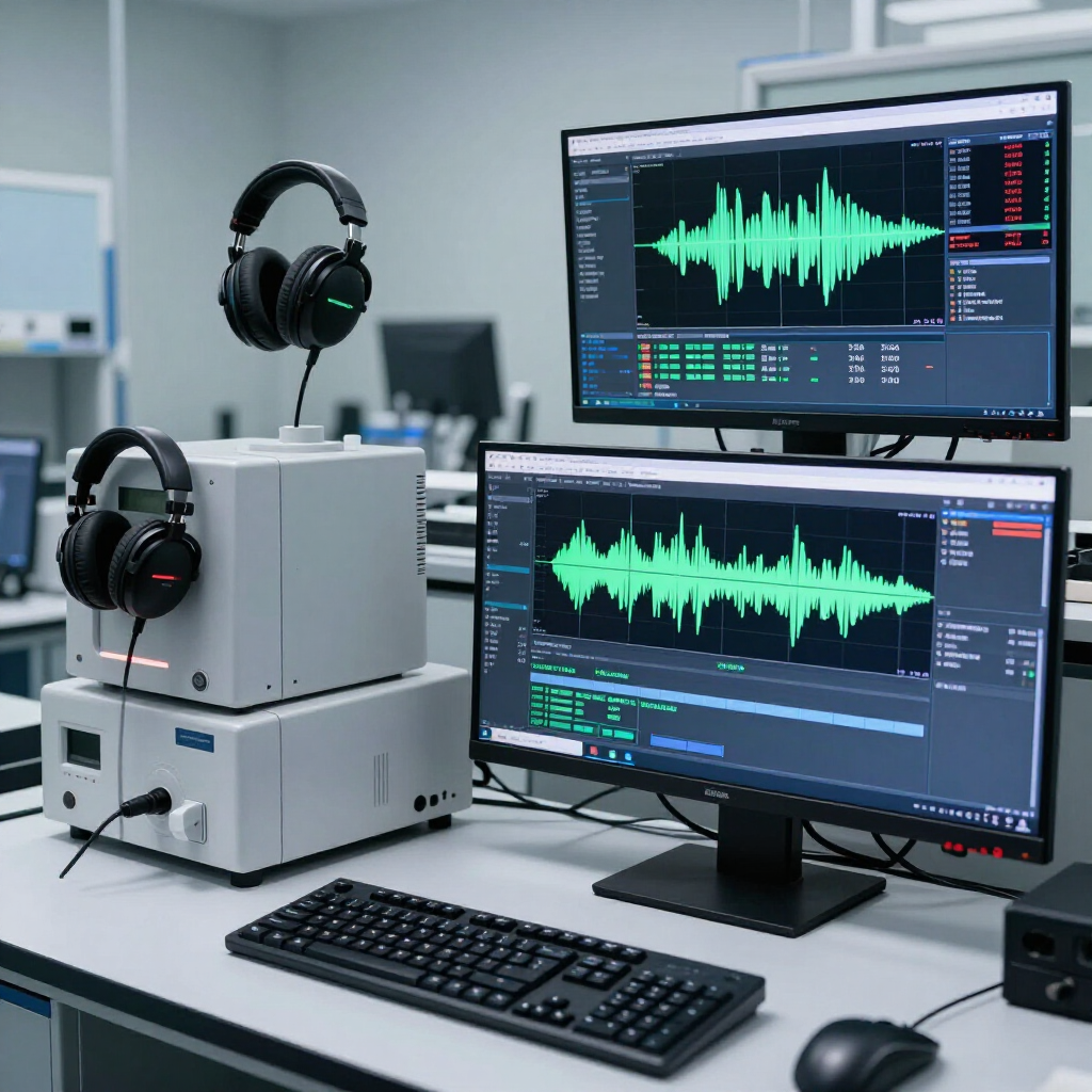Estación de trabajo de audio con auriculares y monitores duales