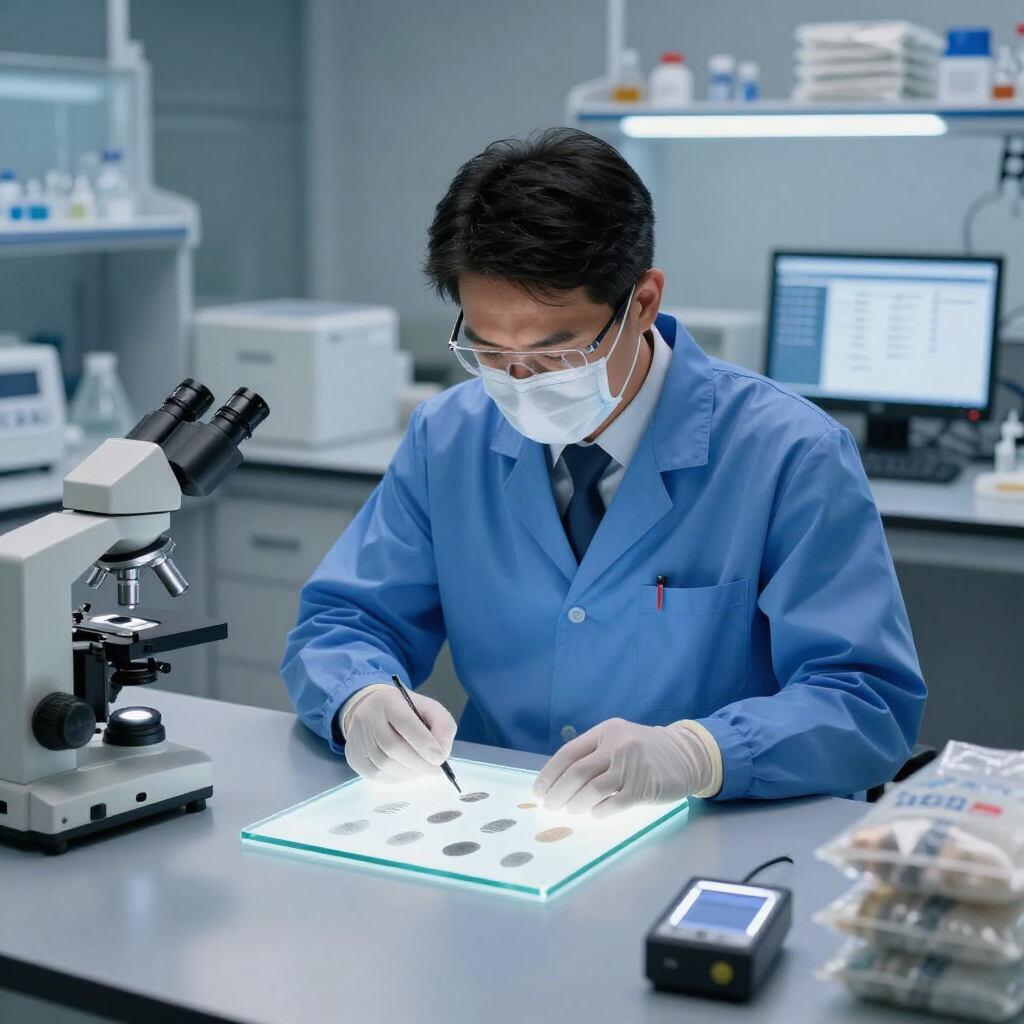 Un científico con bata azul examina muestras bajo un microscopio en un laboratorio limpio.
