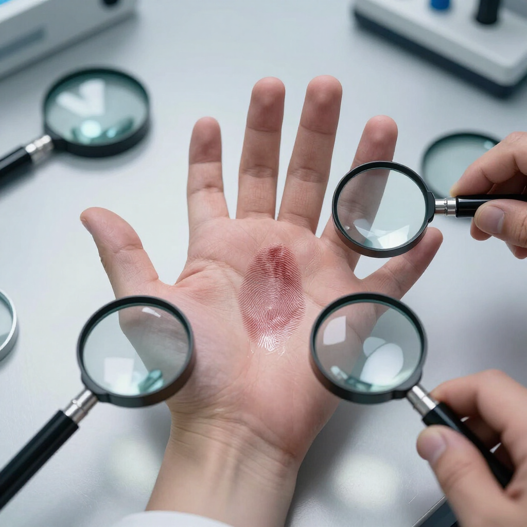 Mano abierta con sarpullido rojo siendo examinada con lupas sobre una mesa blanca.