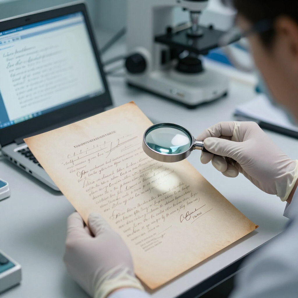 En un laboratorio, unas manos enguantadas examinan un manuscrito antiguo con una lupa junto a un ordenador portátil.