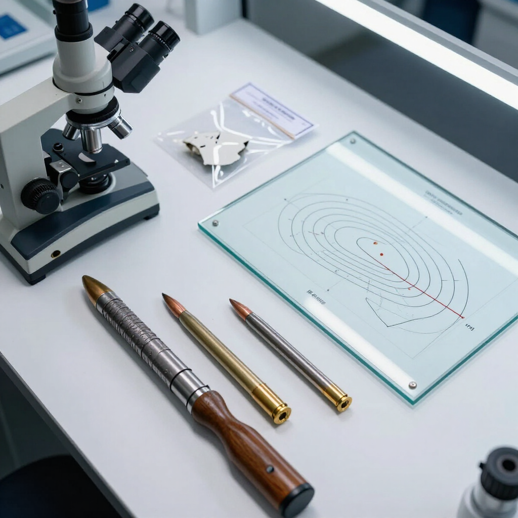 Microscopio, bolígrafos y lámina de vidrio sobre una mesa de laboratorio limpia, vista desde arriba.