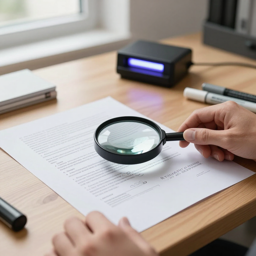 Manos que utilizan una lupa para examinar documentos sobre un escritorio con un pequeño escáner cerca.