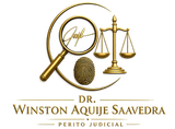 Logotipo legal dorado con lupa, balanza, huella dactilar y texto “Dr. Winston Aquije Saavedra, Perito Judicial”