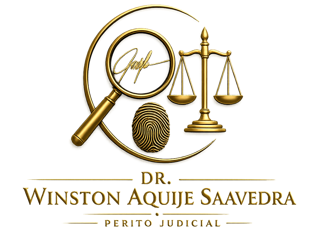 Logotipo legal dorado con lupa, balanza, huella dactilar y texto &ldquo;Dr. Winston Aquije Saavedra, Perito Judicial&rdquo;