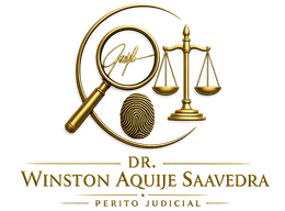 Logotipo legal dorado con lupa, balanza, huella dactilar y texto “Dr. Winston Aquije Saavedra”.