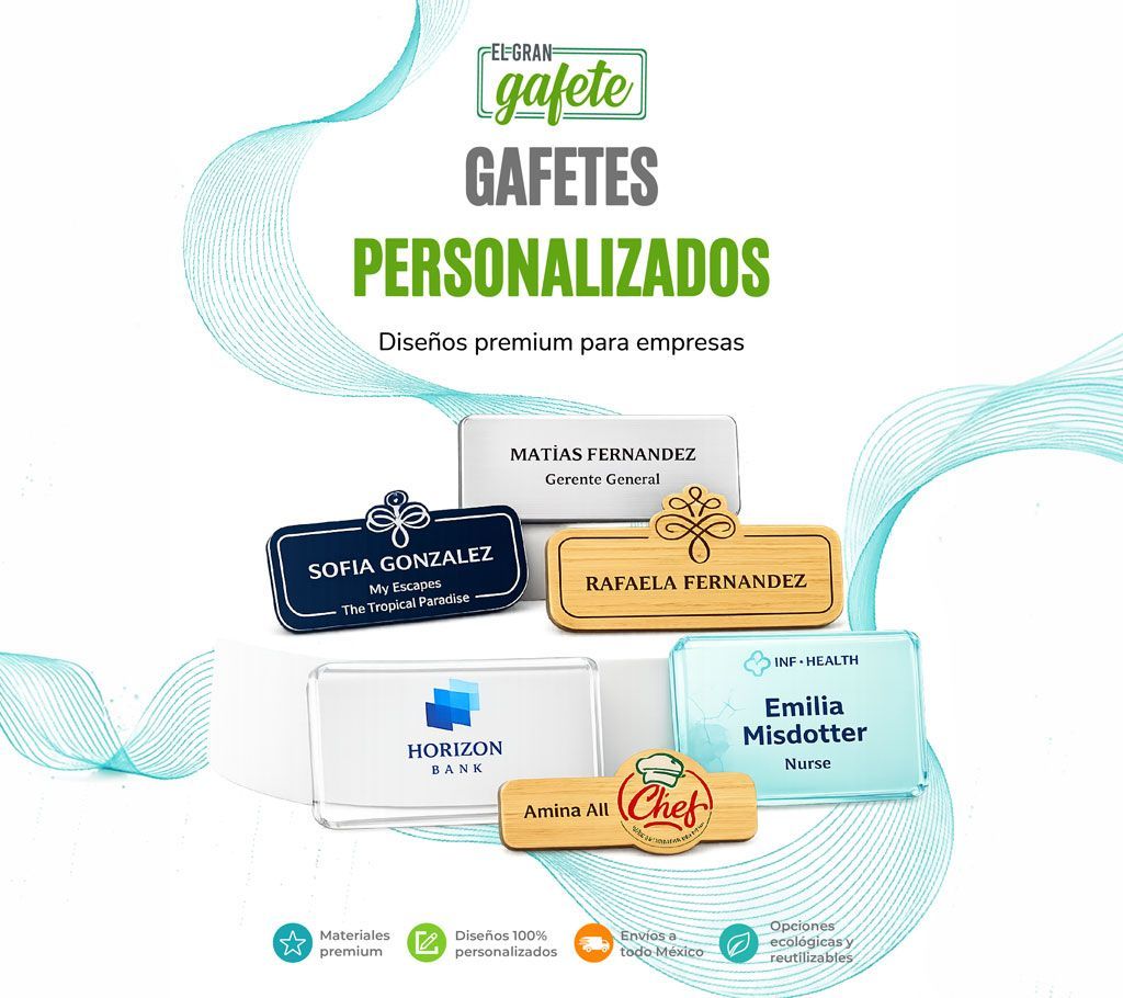 Banner para etiquetas de equipaje personalizadas, con ejemplos de etiquetas coloridas sobre un fondo blanco.