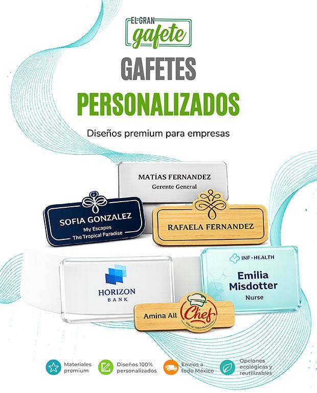 Folleto promocional de insignias personalizadas, que muestra varias etiquetas de identificación personalizadas