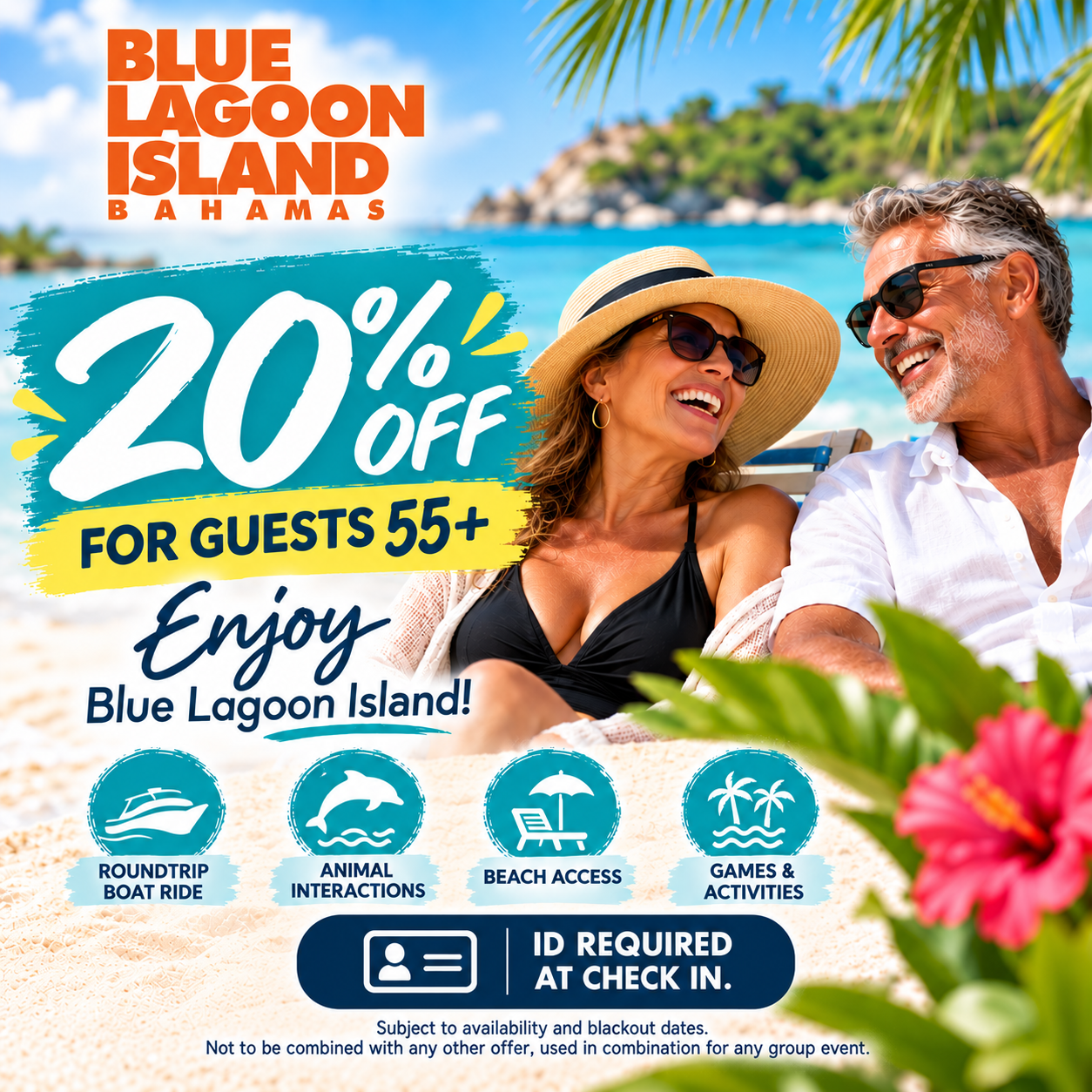 Blue Lagoon Island Bahamas promo: 20% off for guests 55+, with smiling couple on tropical beach