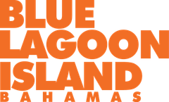 Logo for Blue Lagoon Island, Bahamas; orange text on white background.