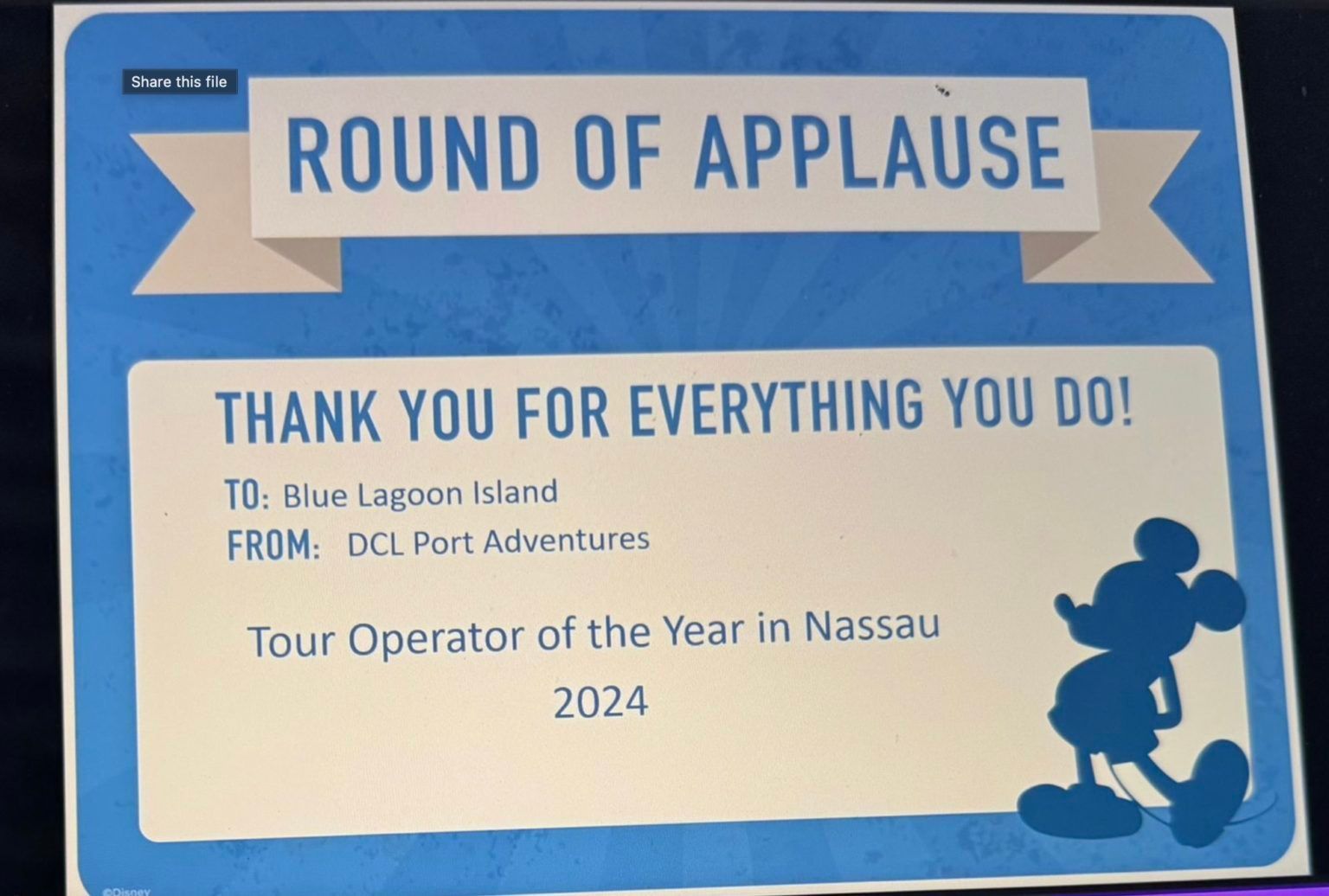 A certificate honoring Blue Lagoon Island as Tour Operator of the Year in Nassau, 2024