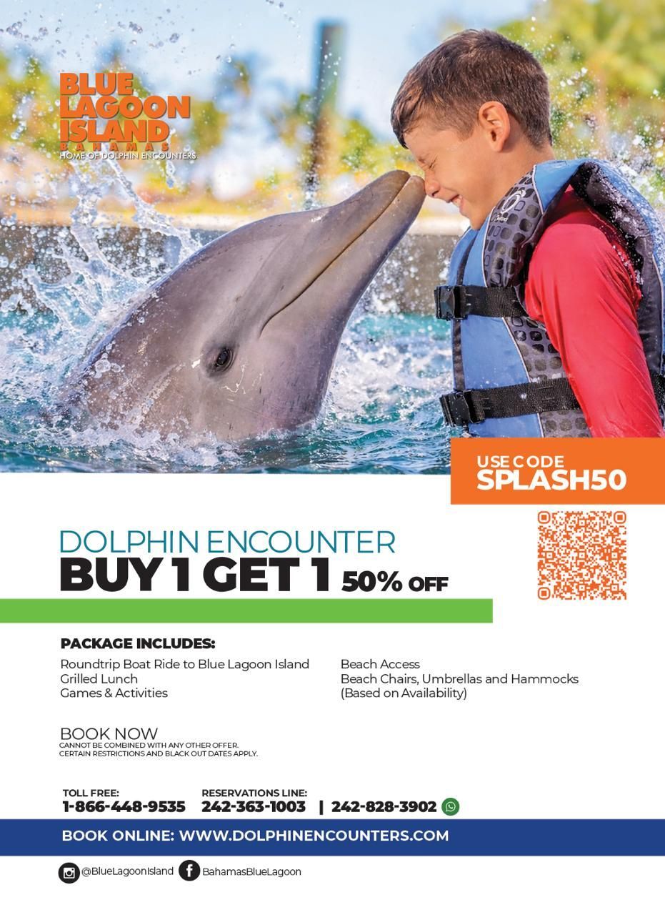 Dolphin touching a boy at a marine park with Splash50 buy-one-get-one-free offer text.