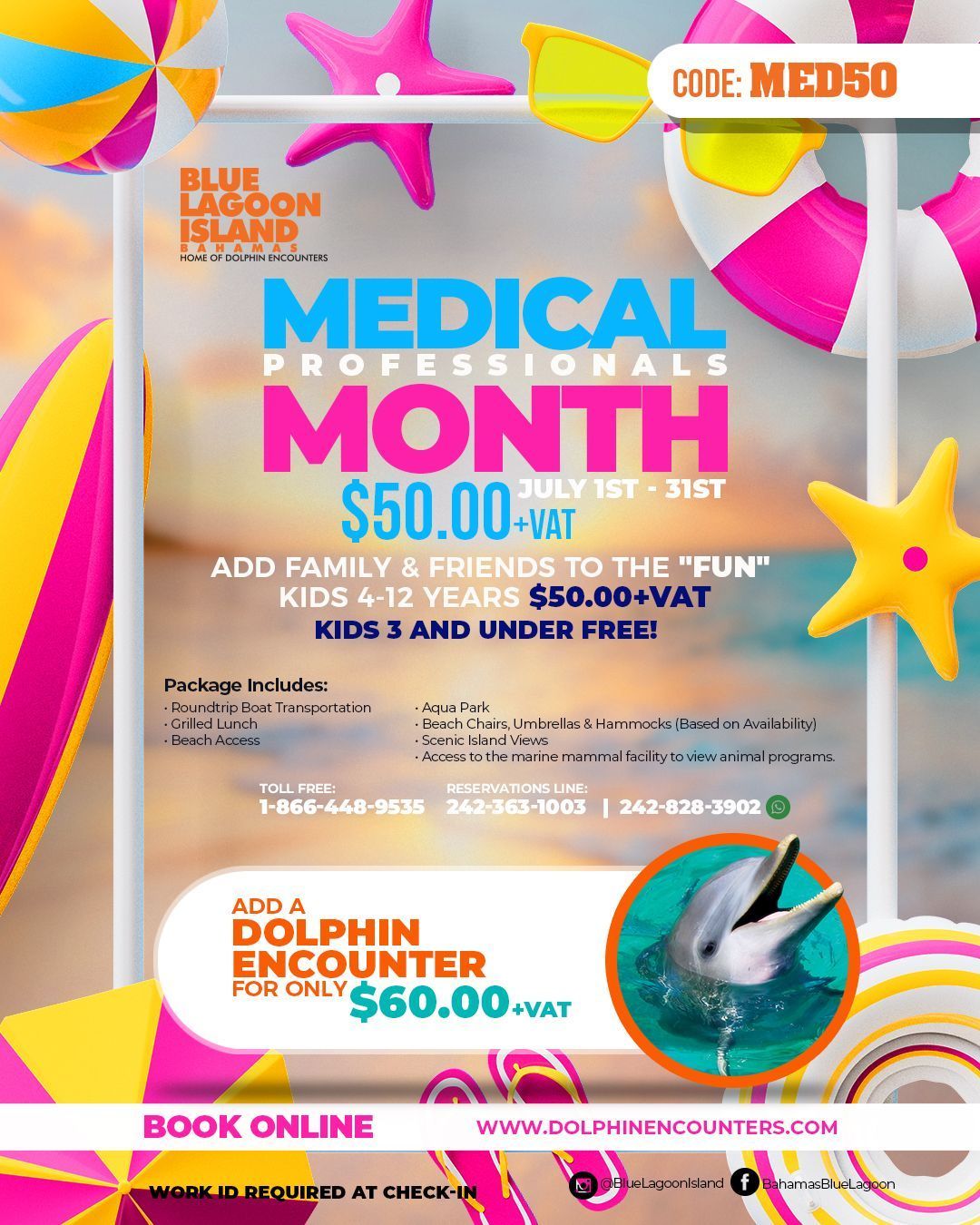 Medical promotions month flyer with colorful starfish and dolphin encounter offer, $60 plus VAT