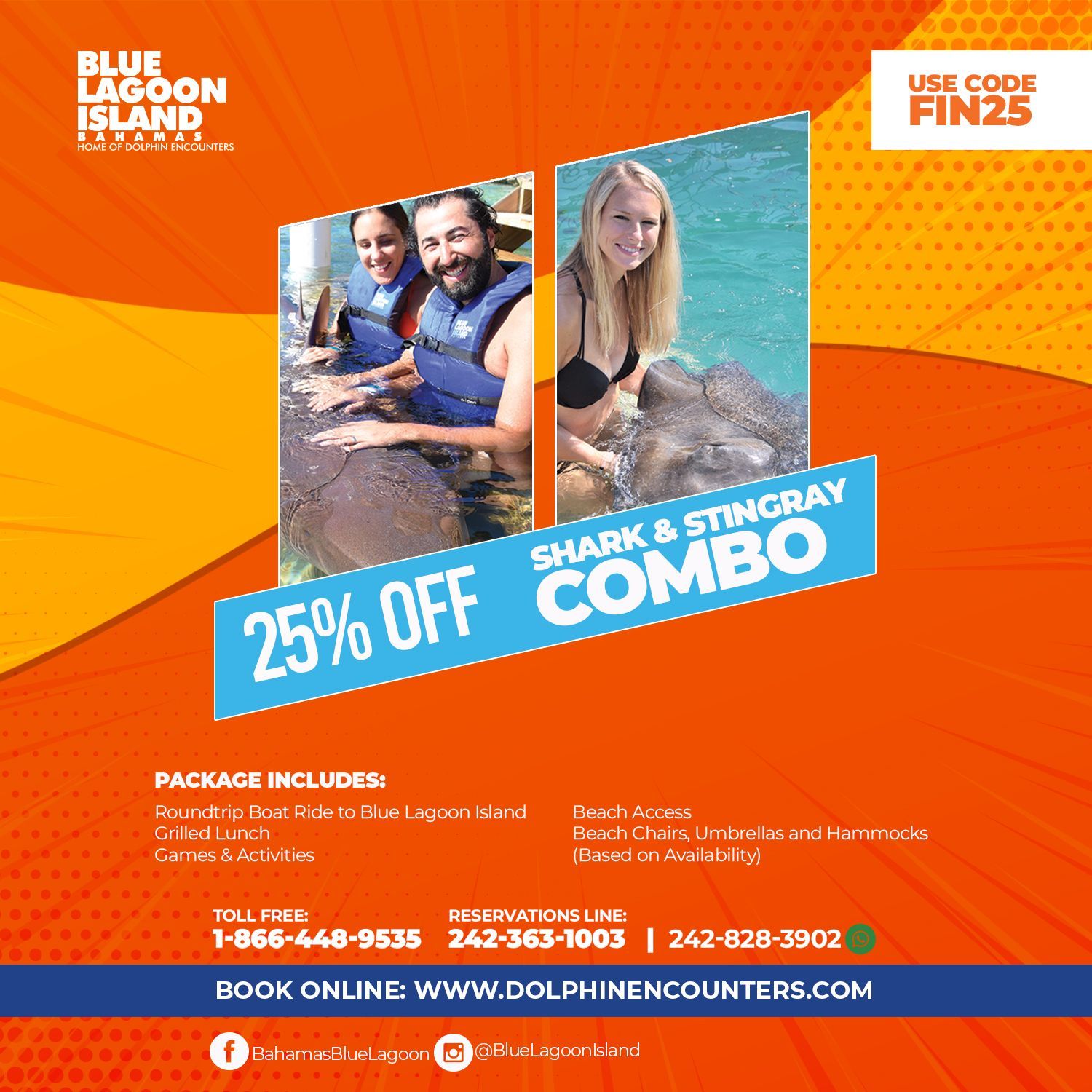 Advertisement for Blue Lagoon Island's Shark & Stingray combo: 25% off. People interact with sharks, orange and blue design.