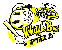 Whistle Boys Pizza logo with smiling cartoon mascot, yellow and black text, and a pizza slice.