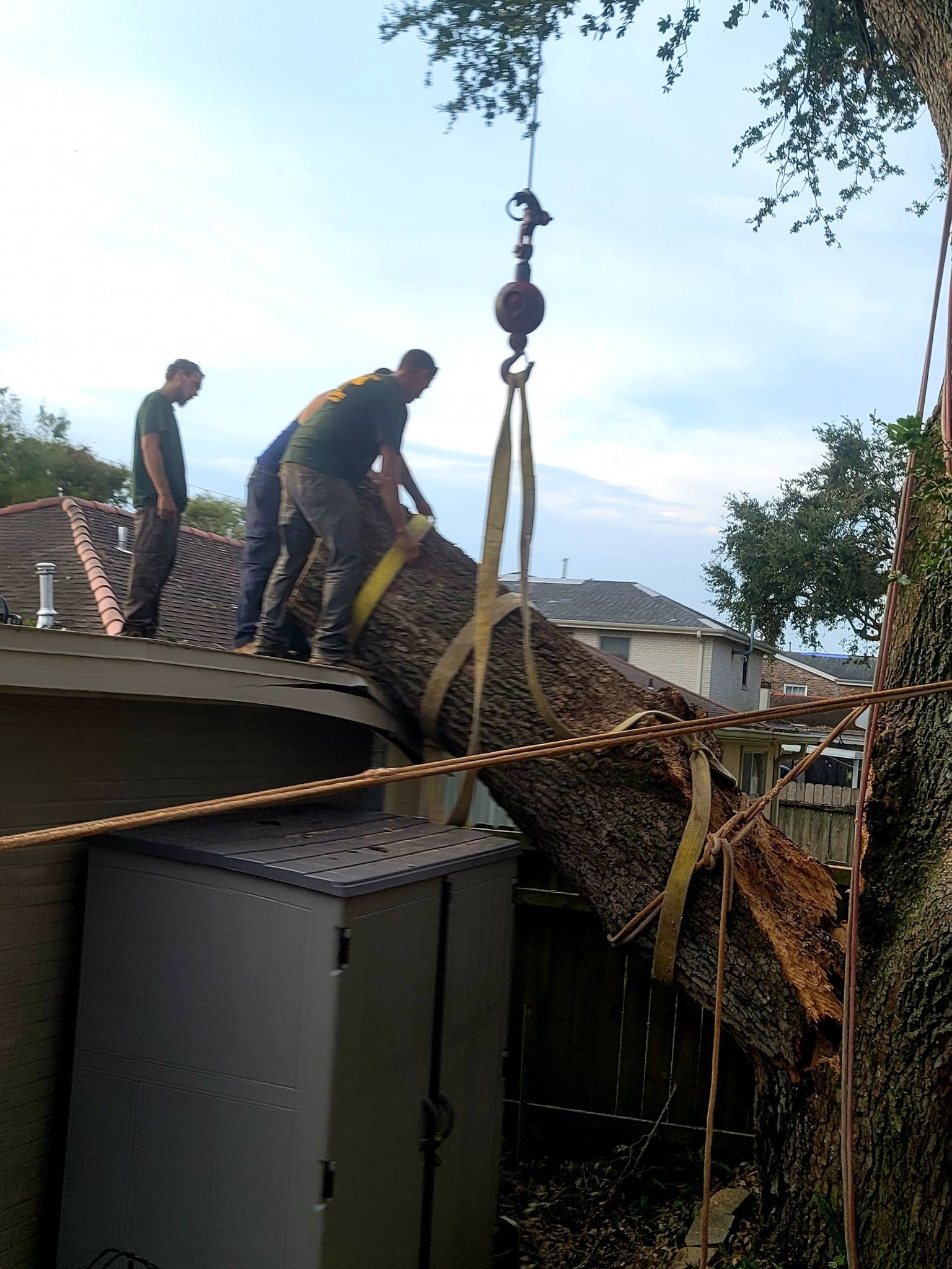 Two workers on a residential roof guide a large tree trunk suspended by a crane hook and straps.