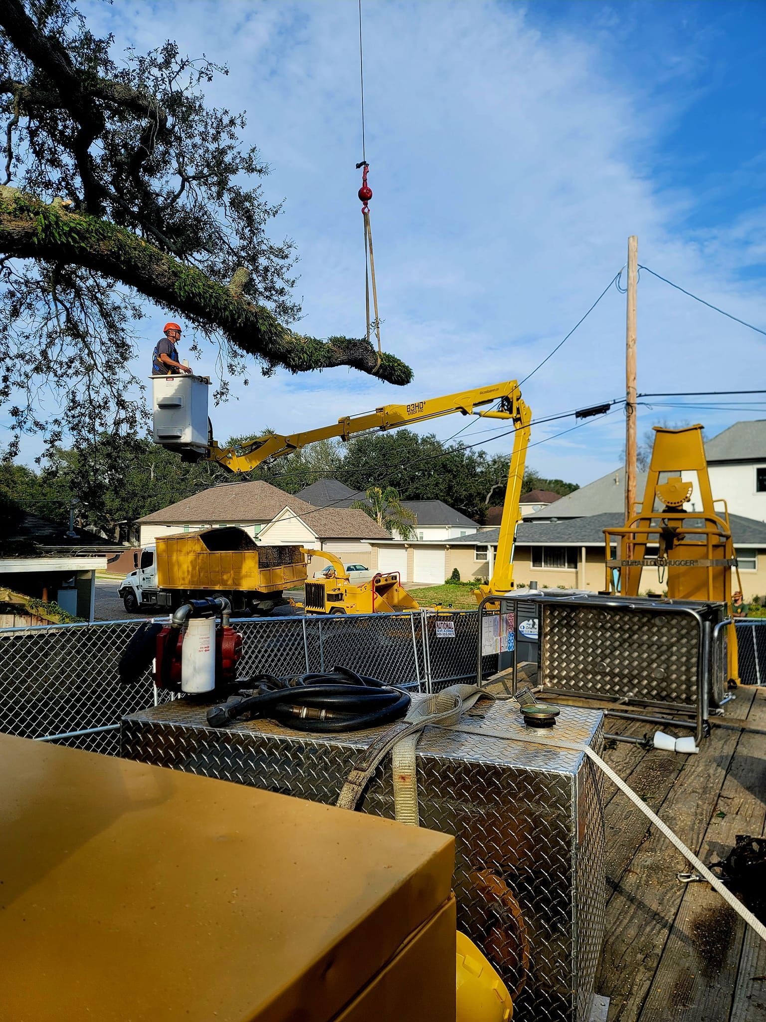 A worker in a bucket truck lift trims a large tree branch near power lines in a residential neighborhood.