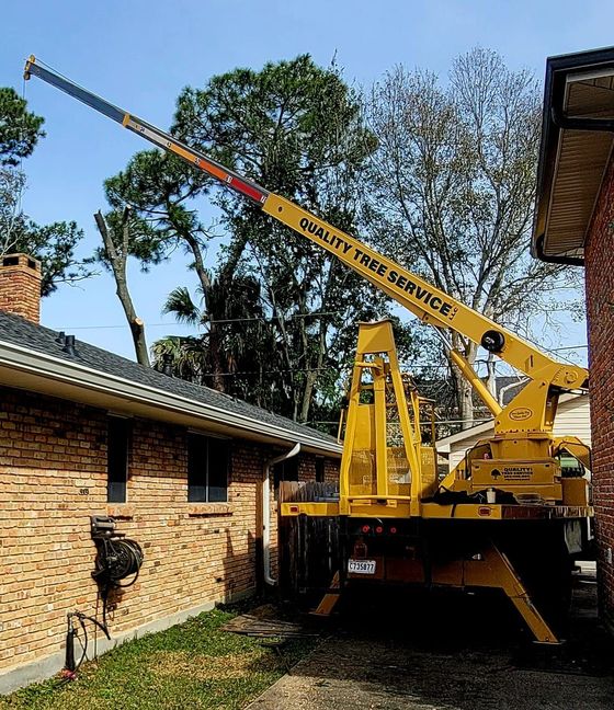 A yellow Quality Tree Service boom truck crane is extended over the roof of a brick house.