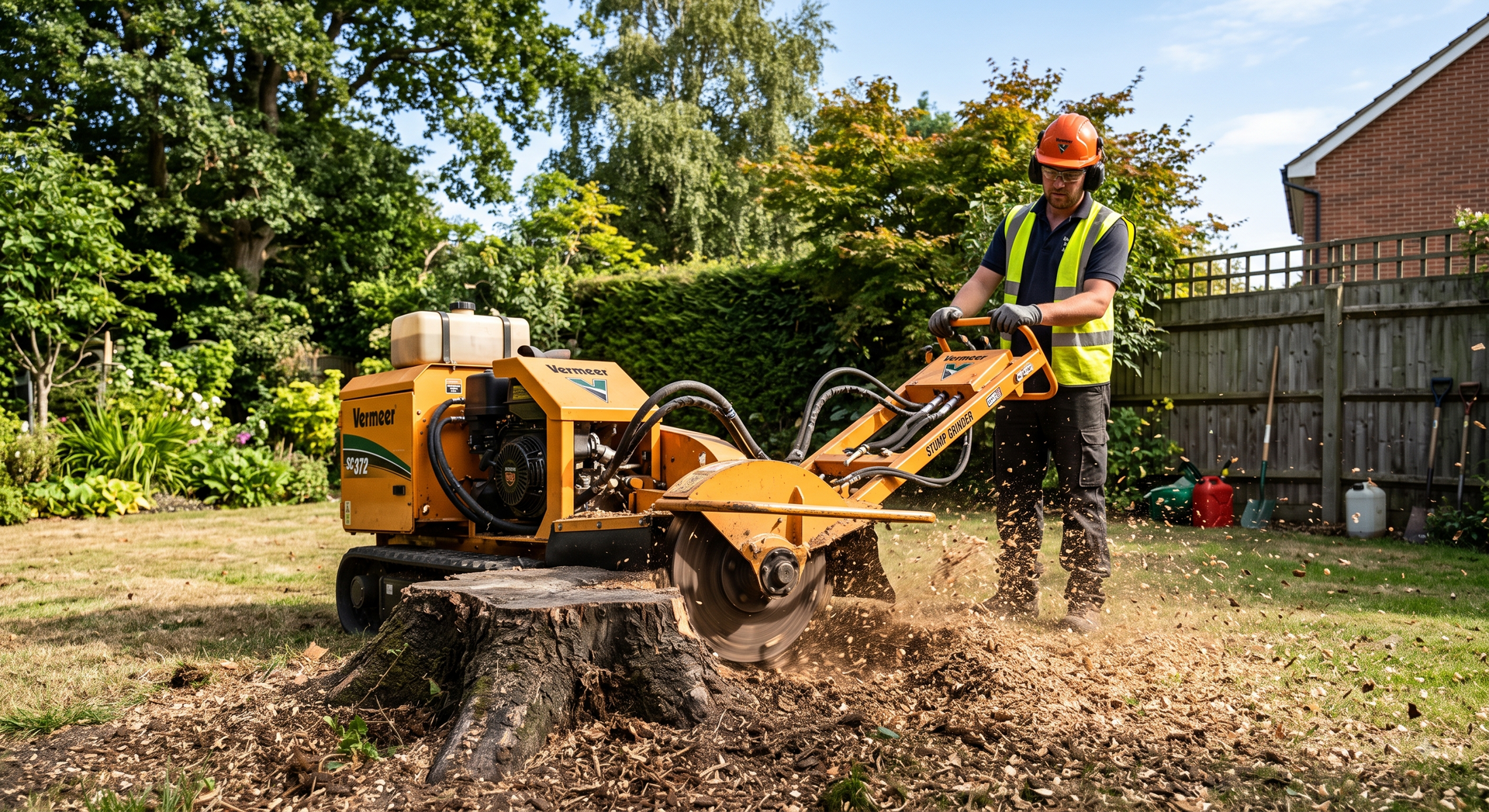 Worker operating a stump grinder in a sunny backyard, spraying wood chips.
