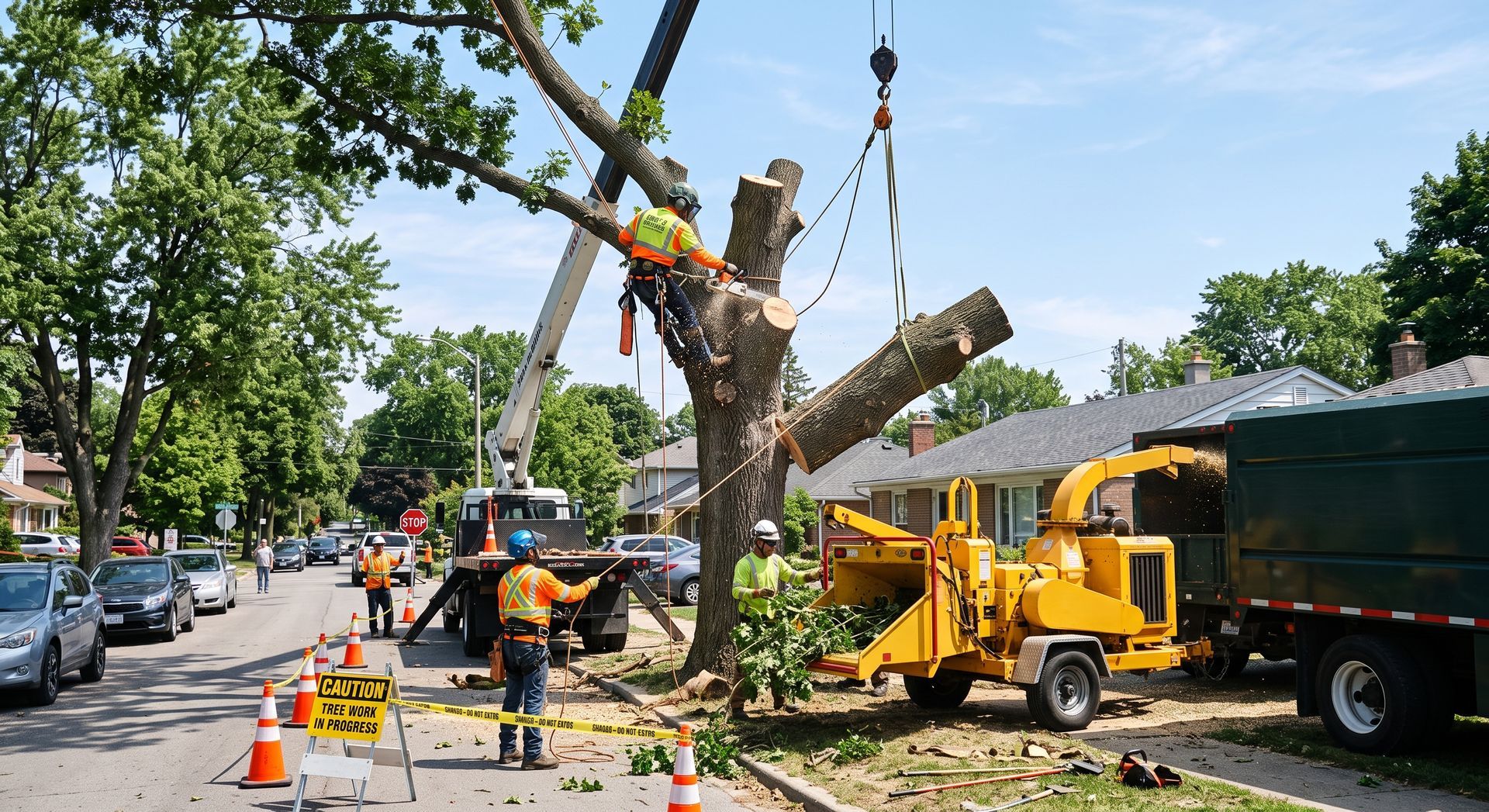 Tree crew trimming a large roadside tree with a crane, chipper, cones, and work trucks on a city street
