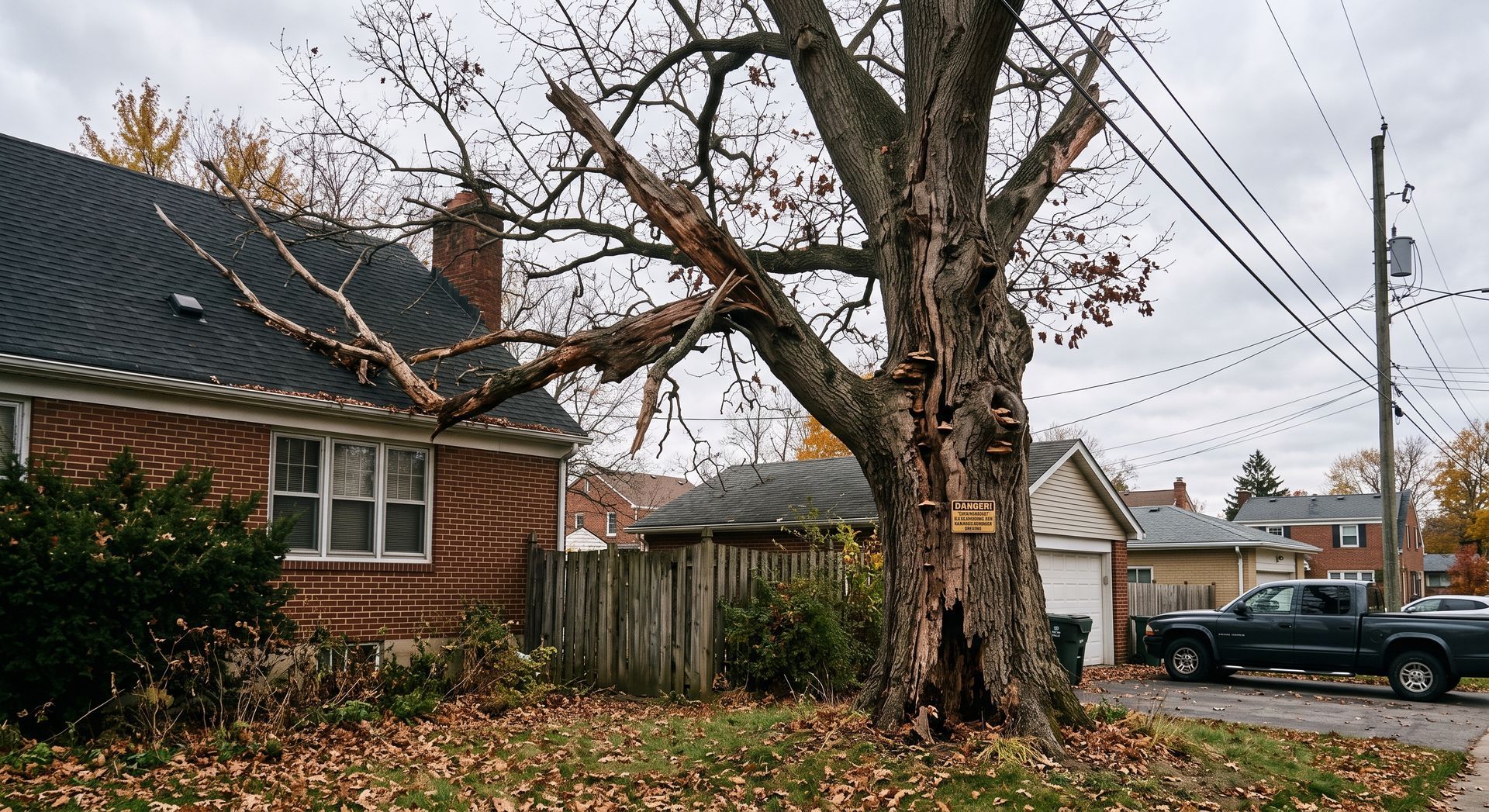 Suburban street with large bare tree, fallen leaves, brick house, fence, and parked pickup truck under cloudy sky