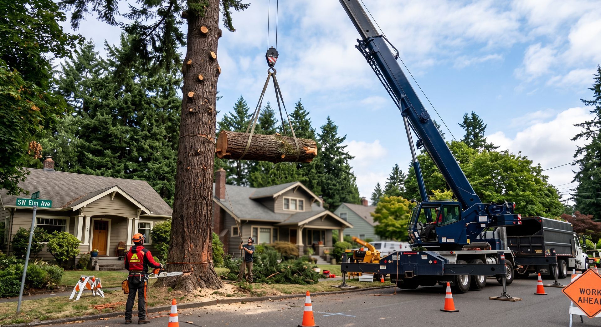 Crane lifting a large tree trunk near houses on a residential street, with workers and traffic cones nearby