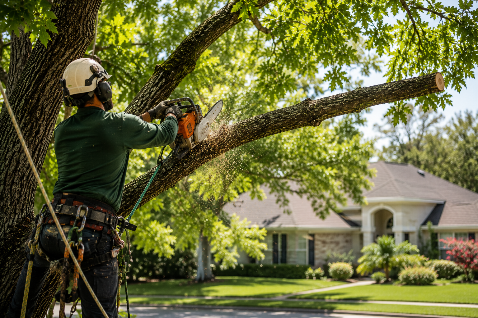 Tree worker trimming a large branch with a chainsaw in a suburban yard