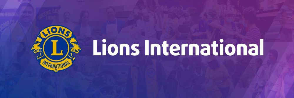The logo for lions international is on a purple background.