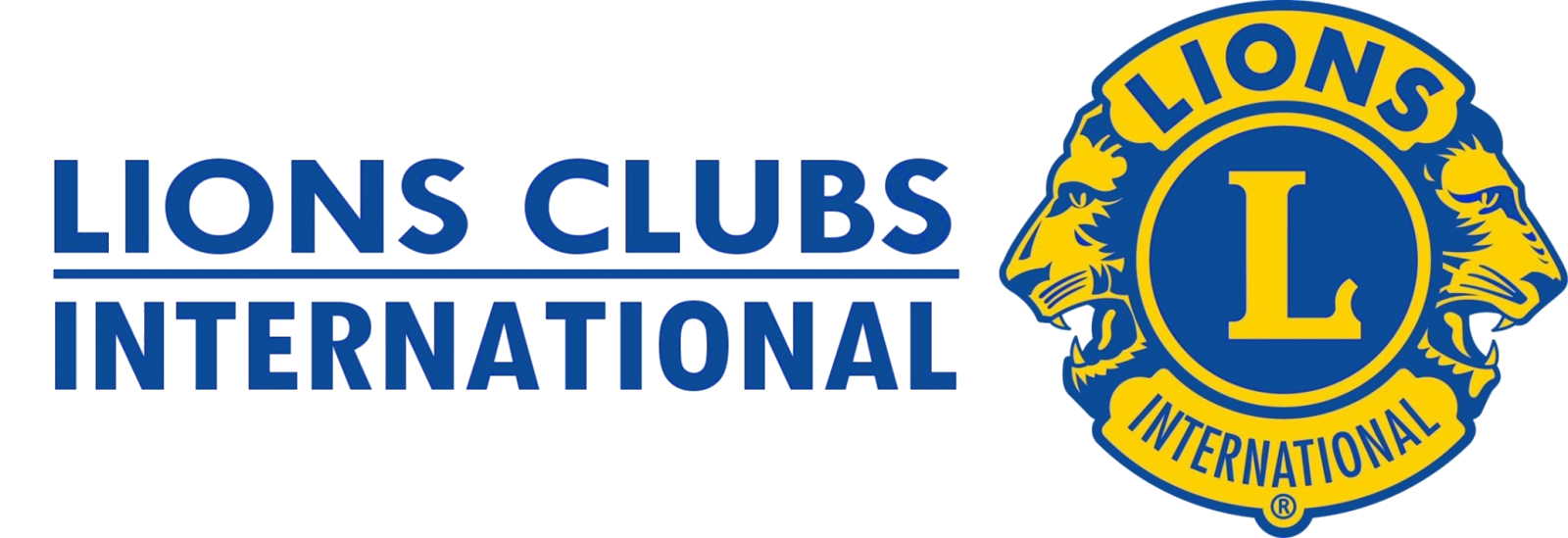 Lions Clubs International logo: blue text, yellow lion emblem with a blue 