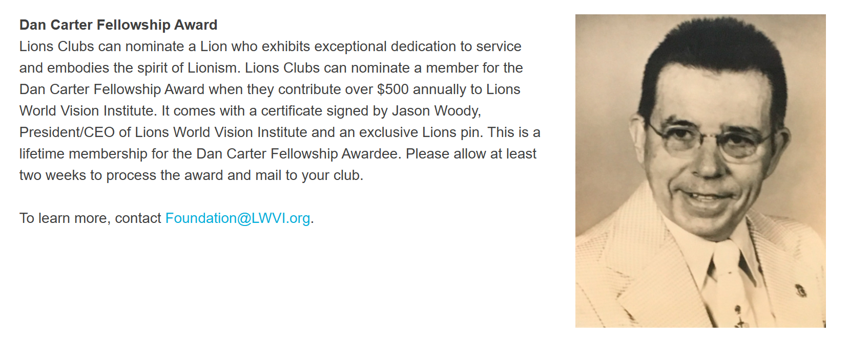 Announcement for Dan Carter Fellowship Award; portrait of older man in glasses next to text.