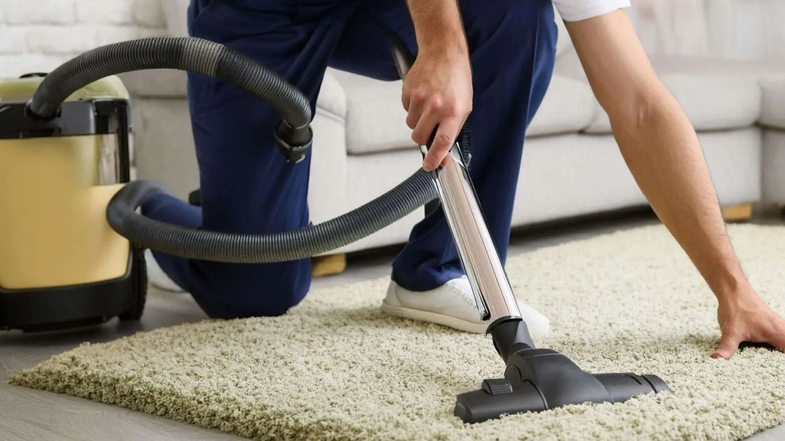 Empty beige room with white trim and carpet showing fresh vacuum or cleaning streaks