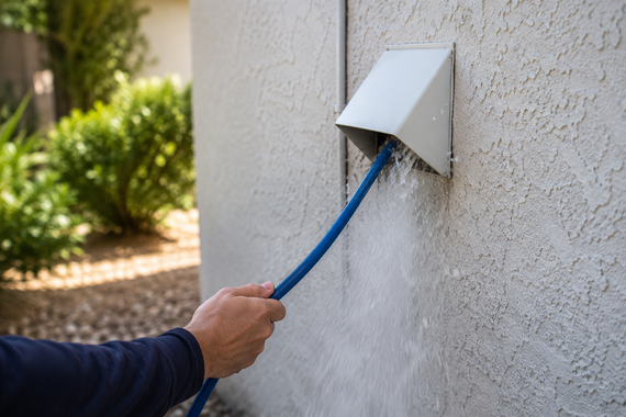 Person rinsing a blue hose at a wall-mounted exterior vent on a stucco wall