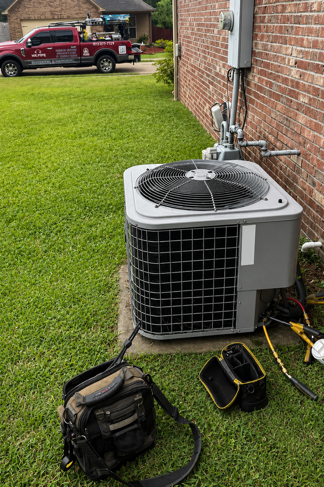 Outdoor air conditioner unit beside a brick house, with maintenance tools on the lawn and a truck in the background