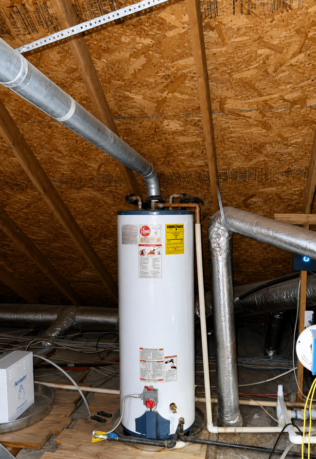 Water heater in an attic with ductwork and exposed insulation on the ceiling.