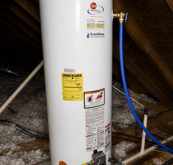 White water heater in a basement with blue hose and warning labels attached
