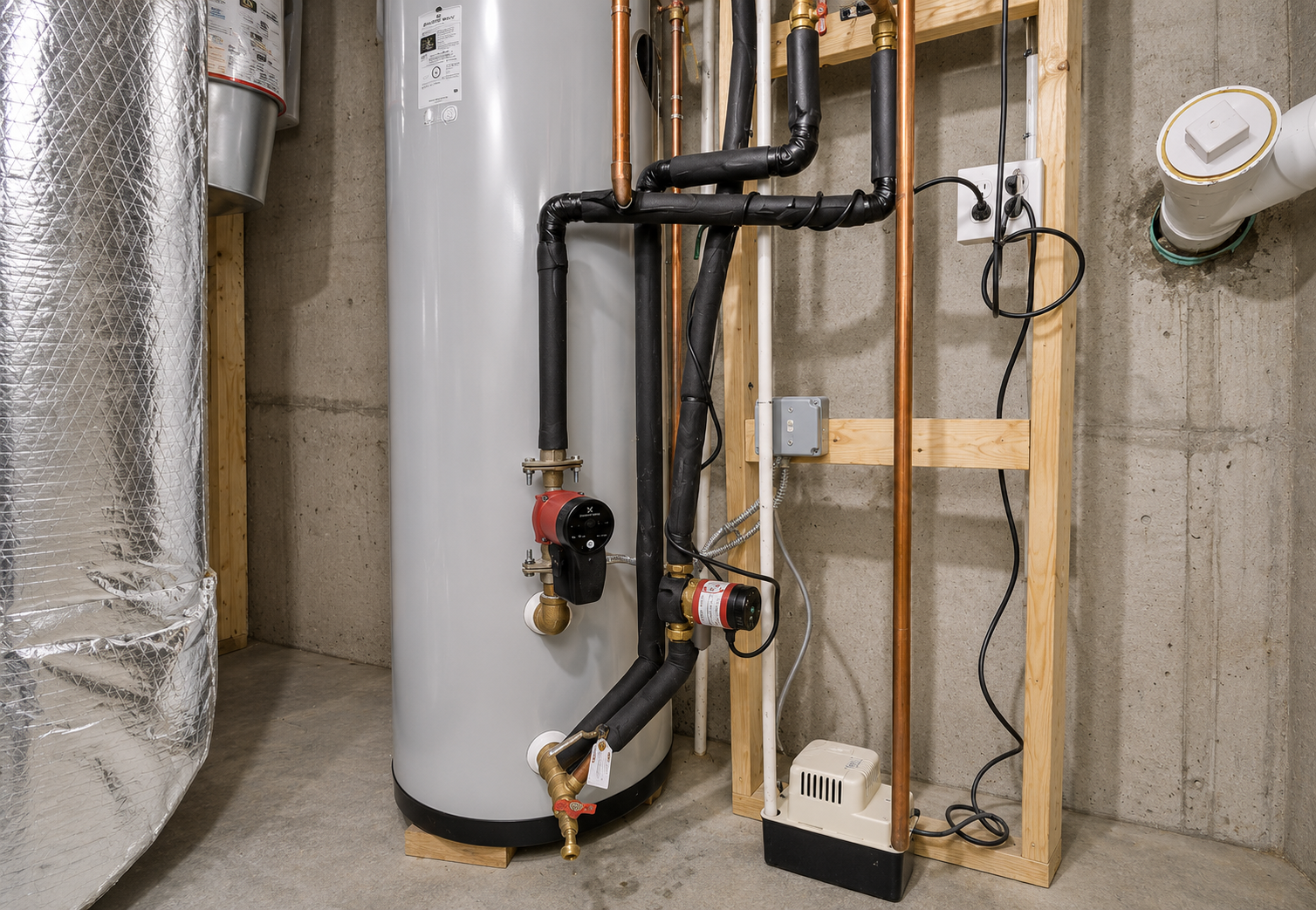 Water heater with exposed black and copper pipes in a basement utility area.