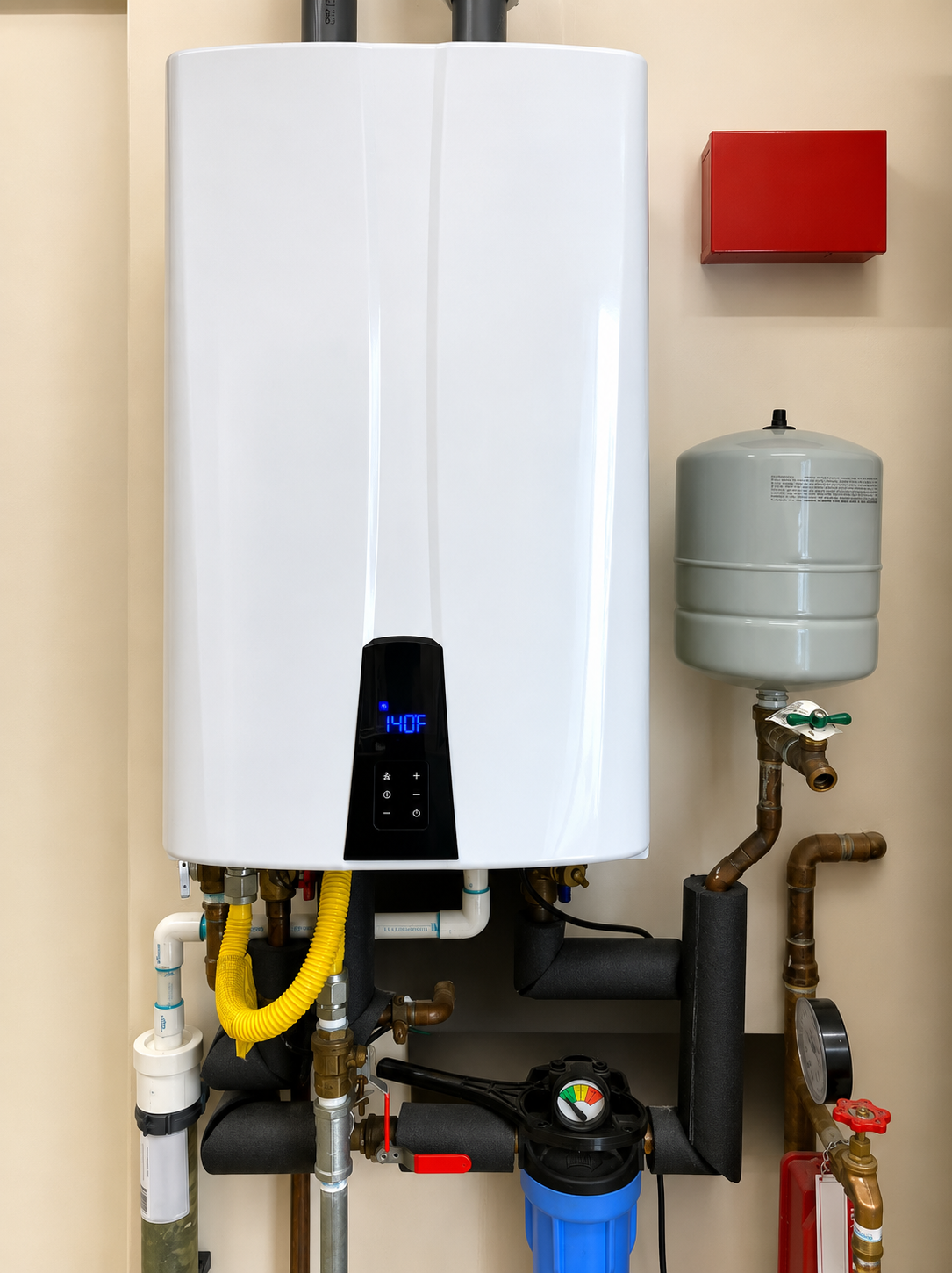 Wall-mounted white boiler with pipes, blue-lit control, gray expansion tank, and red box in a utility room
